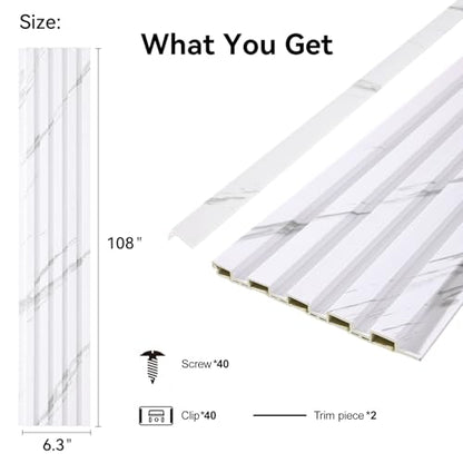 Slat Wall Panel 8-Pack, 108’’x6.3’’, Marble White - size: 108’’x6.3’’-Marble White