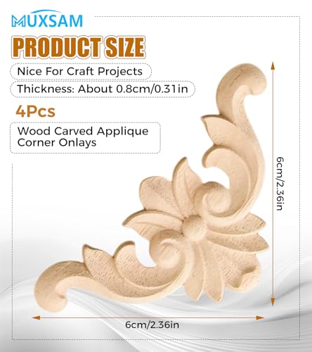 4Pcs Wood Carved Onlay Appliques, Unpainted Wooden Corner Carving Decals - size: 2.36 x 2.36 inches