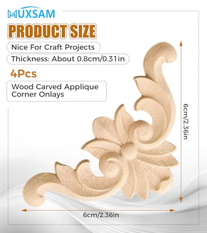 4Pcs Wood Carved Onlay Appliques, Unpainted Wooden Corner Carving Decals - size: 2.36 x 2.36 inches