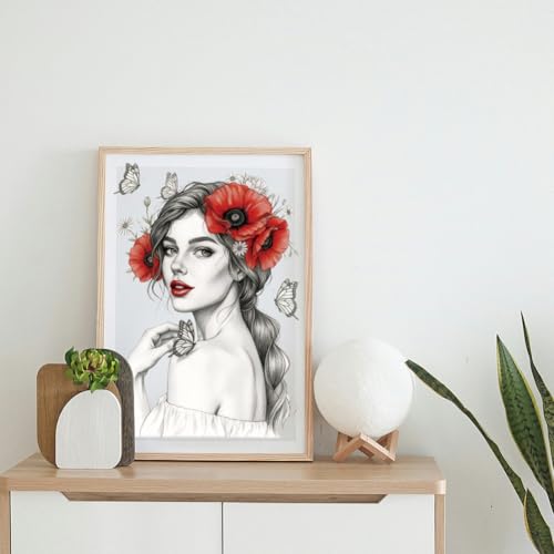Peacoblue Woman Face Flowers Rub On Transfers for Furniture 6"x12" - style: Black Sketch Woman Face Red Flowers