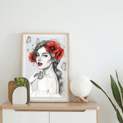 Peacoblue Woman Face Flowers Rub On Transfers for Furniture 6"x12" - style: Black Sketch Woman Face Red Flowers