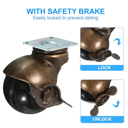 PATIKIL 2 Inch Ball Caster Wheels with Brake, 4 Pack 360° Rotating Swivel Top Plate Wheels 397 lbs Total Capacity Locking Caster with M4 Screws for Furniture Table Cabinet Bronze - color: Bronze, size: 2 Inch