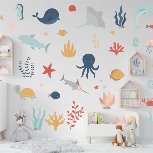 Ocean Animals Wall Decals, 6 Sheets 84 Pcs - color: Sea Creature