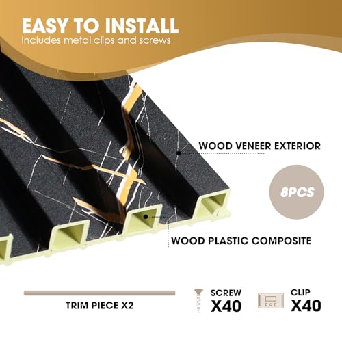 OUZUGIE WPC Acoustic Slat Wall Paneling, 8-Pack 96 x 6 Inches - color: Black marble, size: (High)96“ x 6"