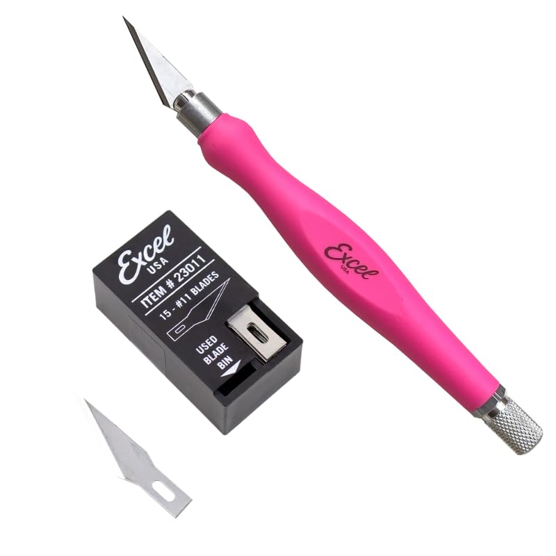 Excel Blades Pink Fit Grip Craft Knife + #11 Precision Replacement Blades 15-Pack Bundle – Rubberized Hobby Knife and Double-Honed Refill Blades for Crafts, Models, Vinyl, Foam