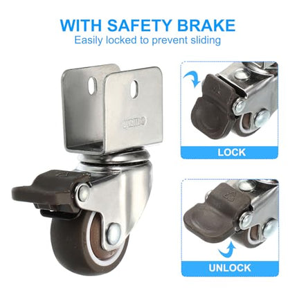 PATIKIL 1.5" Swivel Caster Wheels with 1" U Bracket, 4 Pack 360° Rotation Swivel Wheel with Brake Total Load 145 lbs Locking Caster for Cabinet Furniture Table Replacement - size: 1.5" x 1"