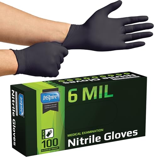 Inspire Black Nitrile Gloves HEAVY DUTY 6 Mil Nitrile Chemical Resistant Medical Cooking Cleaning Disposable Black Gloves - size: Small, style: Black 6mil Box of 100