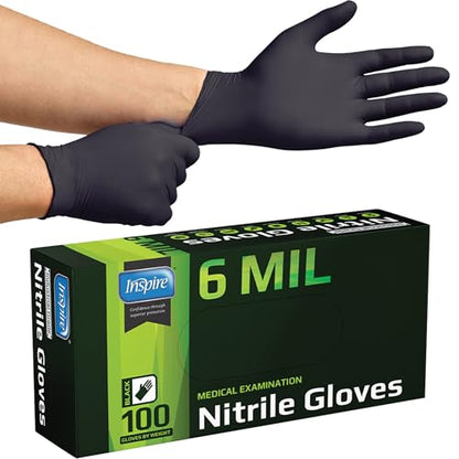 Inspire Black Nitrile Gloves HEAVY DUTY 6 Mil Nitrile Chemical Resistant Medical Cooking Cleaning Disposable Black Gloves - size: Small, style: Black 6mil Box of 100