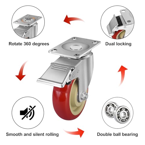 4 Inch Heavy Duty Swivel Caster Wheels with Brake, Set of 4
