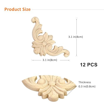 Wood Appliques 12PCS 3.1in Corner Onlays Wooden Embellishments - size: 3.1inch(8cm)