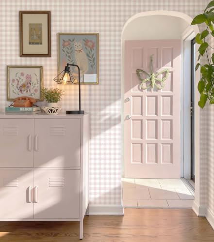 Peel and Stick Wallpaper for Bedroom Pink and White Plaid 1.44' x 32' - color: Pink and White, size: 17.3" x 386"