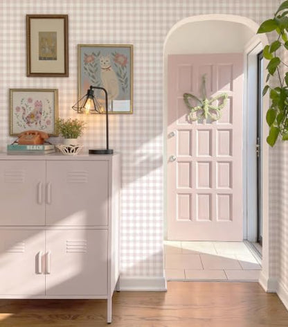 Peel and Stick Wallpaper for Bedroom Pink and White Plaid 196"×17.3" - color: Pink and White, size: 17.3" x 196"