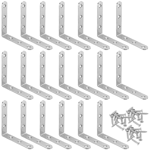 20 Pcs L Bracket Corner Braces 4 Inch Stainless Steel L Bracket Heavy Duty Shelf Bracket for Wood Shelves, Wall Hanging Support 90 Degree Joint Right Angle Brackets with Screws