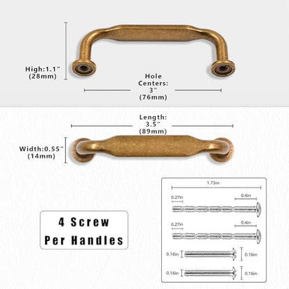 10 Pack Antique Brass Cabinet Pulls 3 Inch(76mm) Kitchen Cabinet Handles Solid Zinc Alloy Cabinet Hardware Drawer Pulls - color: Antique Brass, size: 3" Hole Center