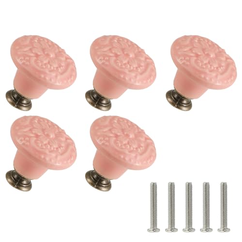 Ceramic Cabinet Knobs, Embossed Floral Design - Pink, 20pcs - color: Pink