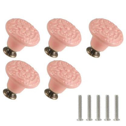 Ceramic Cabinet Knobs, Embossed Floral Design - Pink, 20pcs - color: Pink
