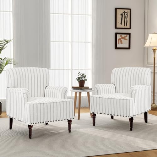 Mid-Century Modern Accent Chair, Pinstripe Grey, Set of 2 - color: Fabric Pinstripe Grey