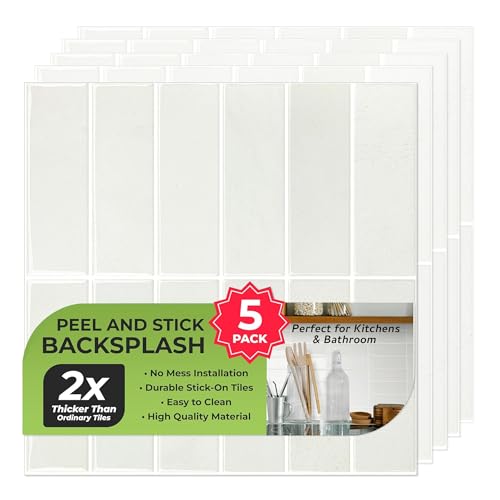Select 5 Pack Peel and Stick Backsplash Square Tiles, 12x12 in, Stone White - color: Stone White, size: Rectangle Shape