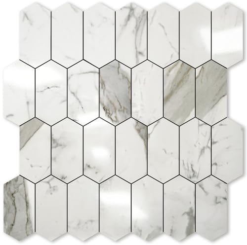 Vamos Tile Long Hexagon Peel and Stick Backsplash Tile - 10 Sheets Stick on Backsplash for Kitchen and Bathroom 12.4 x 12 Inch Glossy Carrara White PVC Self Adhesive Mosaic Wall Tiles - color: Glossy Carrara White