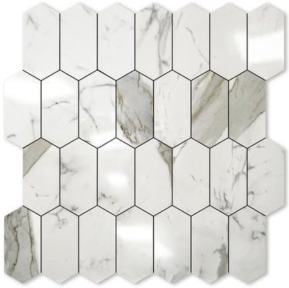 Vamos Tile Long Hexagon Peel and Stick Backsplash Tile - 10 Sheets Stick on Backsplash for Kitchen and Bathroom 12.4 x 12 Inch Glossy Carrara White PVC Self Adhesive Mosaic Wall Tiles - color: Glossy Carrara White