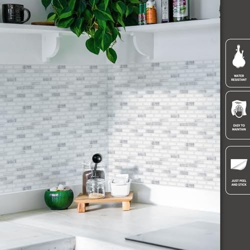 Art3d 10-Pack Peel and Stick Stone Backsplash Tile, 12" x 12", White Marble - color: White Marble