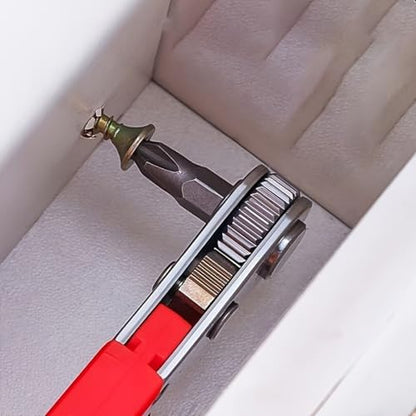 Steel Screwdriver, Suitable For Confined Spaces, Motorless, Red Right-Angle Tool With Ratchet Forward/Backward Function