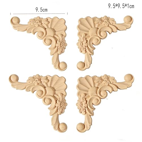 4PCS Unpainted Furniture Onlay Applique Frame Corner for Home, 9.5x9.5cm/3.74"x3.74", Unpainted Woodcarving Corner Decal Cabinet Door Wall Ceiling Dresser