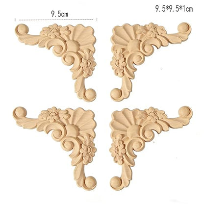 4PCS Unpainted Furniture Onlay Applique Frame Corner for Home, 9.5x9.5cm/3.74"x3.74", Unpainted Woodcarving Corner Decal Cabinet Door Wall Ceiling Dresser