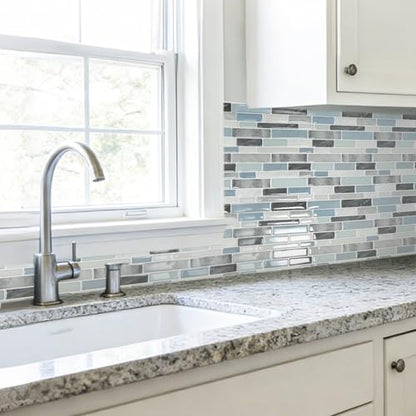 LONGKING Self-Adhesive Kitchen Backsplash, Marble Look Decorative Tiles (10 Tiles) - color: Blue