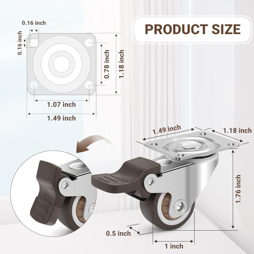 Small Caster Wheels 1 Inch - Silent Rubber Wheel Plate 360 Degree Swivel Casters with Brakes, Furniture Wheels Planter Wheels 4 Pack, Total Capacity 100LBS - size: 1 INCH (4 PACK)
