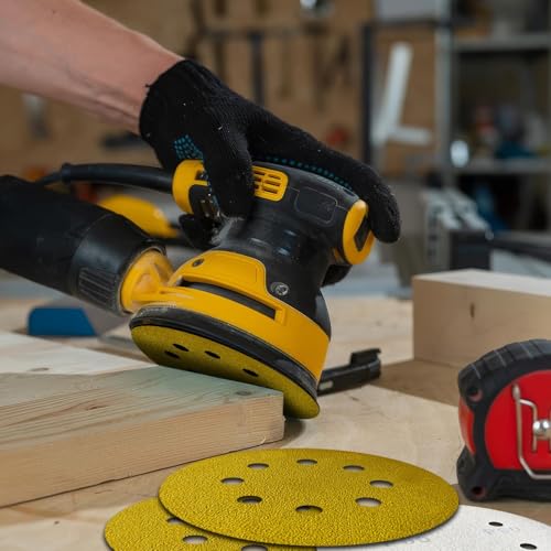 135 PCS 5 Inch Sanding Discs, 8 Hole, Round Hook and Loop Sandpaper, 40-400 Grit, Gold, for Random Orbital Sander - style: 5-Inch