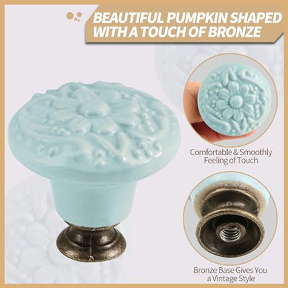Ceramic Knobs, Embossed Floral Design - Light Blue, 20pcs - color: Light Blue