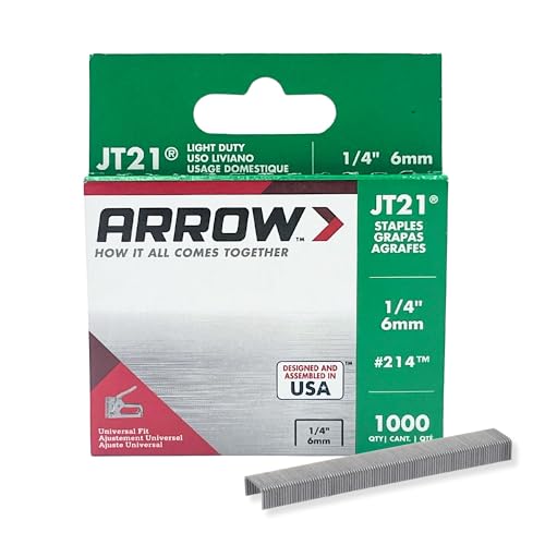 Arrow 214 JT21 Thin Wire Staples for Staple Guns and Staplers, Use for Upholstery, Crafts, General Repairs, 1/4-Inch Leg Length, 7/16-Inch Crown Width, 1000-Pack, Grey - size: 1/4 Inch