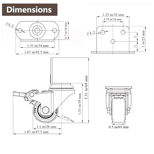 Side Mount Small Caster Wheels 1 Inch L-Swivel Plate Casters Set 4