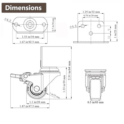 Side Mount Small Caster Wheels 1 Inch L-Swivel Plate Casters Set 4