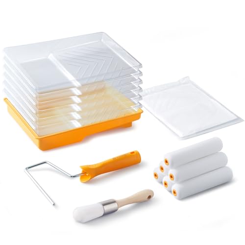 voomey 16 Pcs 6 Inch Paint Roller Kit with Small Paint Roller, Paint Brush, Paint Tray with Liners, Foam Paint Roller for Painting Door, Walls, Cabinet