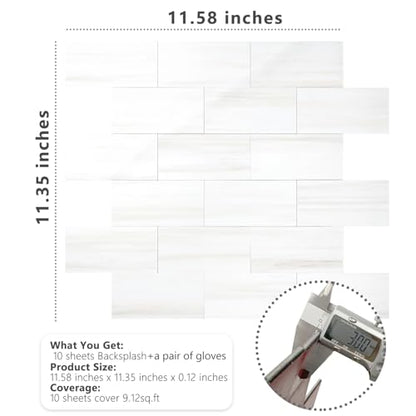 STICKGOO 10-Sheet Subway Tile Peel and Stick Wall Tiles, Seamless Design Polished Dolomite Kitchen Backsplash, PVC Stick on Tiles for Kitchen, Bathroom, RV, Fireplace - color: Polished Glossy Dolomite