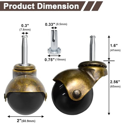 MySit 2 inch Ball Caster Wheels Grip Neck with 5/16" x 1-1/2" Set of 4