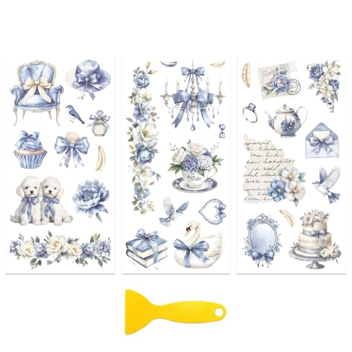 Peacoblue Blue White Floral Rub On Transfers for Furniture Craft 6"x12" - style: Blue and White Soft Color