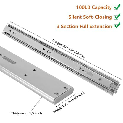LONTAN Soft Close Drawer Slides 20 Inch 4 Pairs Heavy Duty Cabinet Glides - size: 20 Inch