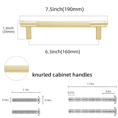 10 Pack 6.3 Inch Brushed Brass Kitchen Cabinet Handles - color: Brushed Brass, size: 6-5/16'' Hole Center(160mm)