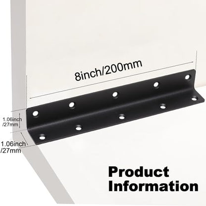 L Bracket, Heavy Duty Corner Brace, 10 Pack 8" Metal Shelf Bracket Angle Bracket for Shelves, Black Metal Braces for Wood, 200mm Overall Length - size: 8 Inch