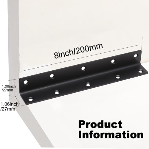L Bracket, Heavy Duty Corner Brace, 4 Pack 8" Metal Shelf Bracket Angle Bracket for Shelves, Black Metal Braces for Wood,200mm Overall Length - size: 8 Inch