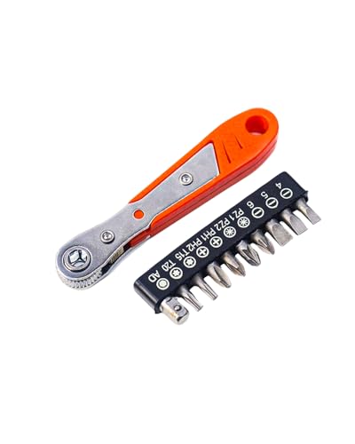 11pc Mini Right Angle Ratchet Screwdriver with 10 Bits, Manual Offset Tool with 1/4 in Hex Interface for Tight Spaces, Red - color: Red, size: 1pc Handle with 10 Bits
