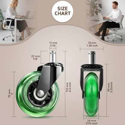 3 Inch Office Chair Wheels, Set of 5 (Green) - color: Green