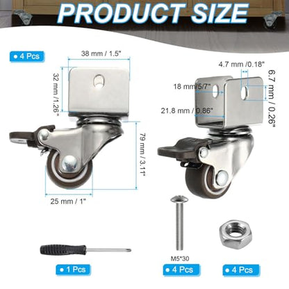 PATIKIL 1" Swivel Caster Wheels with 5/7" U Bracket, 4 Pack 360° Rotation Swivel Wheel with Brake Total Load 73 lbs Locking Caster for Cabinet Furniture Table Replacement - size: 1" x 5/7"