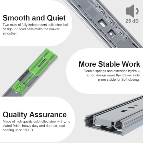 FivePears 2 Pairs 22 Inch Heavy Duty Soft Close Drawer Slides, 150 Lb Load Capacity Full Extension Ball Bearing Side Mount Drawer Runner, Rv Tool Box Kitchen Cabinet Drawer Self Closing Glide Rails
