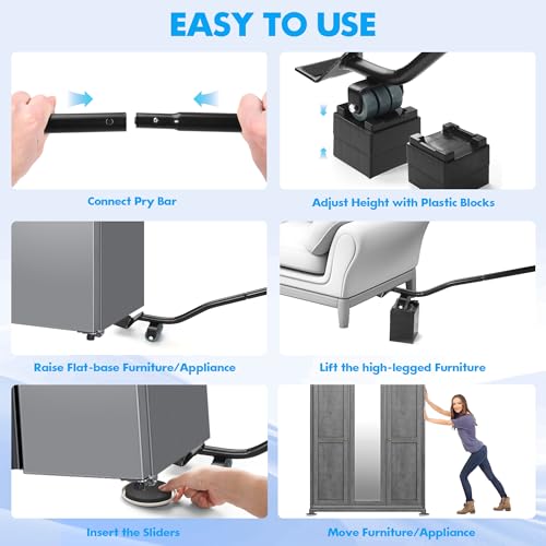 Furniture Lifter Tool + 8-Pack of 3.5" Sliders, Save 80% Effort, Safely and Easily, The Lift and Glide Tool Set for Heavy Furniture and Appliances, Reusable Moving Pads, Floor Protectors for Carpet - size: 24 IN Lifter Tool & 8 Sliders