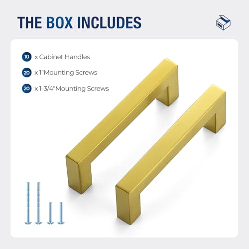 JOY DECOR Gold Cabinet Handles Square Cabinet Pulls, 3-3/4 Inch CC, 10 Pack - size: 3-3/4 Inch Hole Center