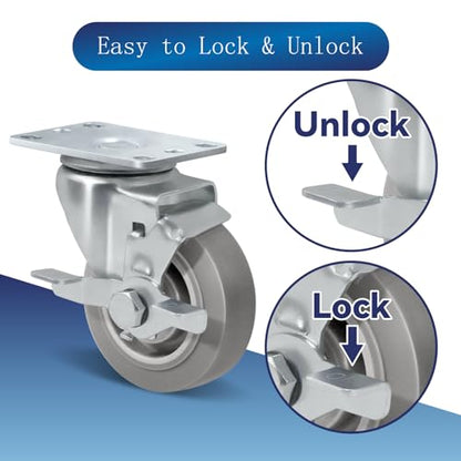 Casters Set of 4 Heavy Duty, 3.5" Plate Swivel Caster with Rubber Wheels for Furniture Platform Truck Dolly Cart (2 Brakes & 2 Rigid)
